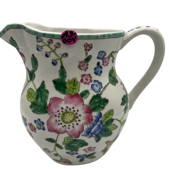 Antique Hand Painted Floral Porcelain Pitcher Handle Scalloped Rim Butterflies - Picture 10 of 10